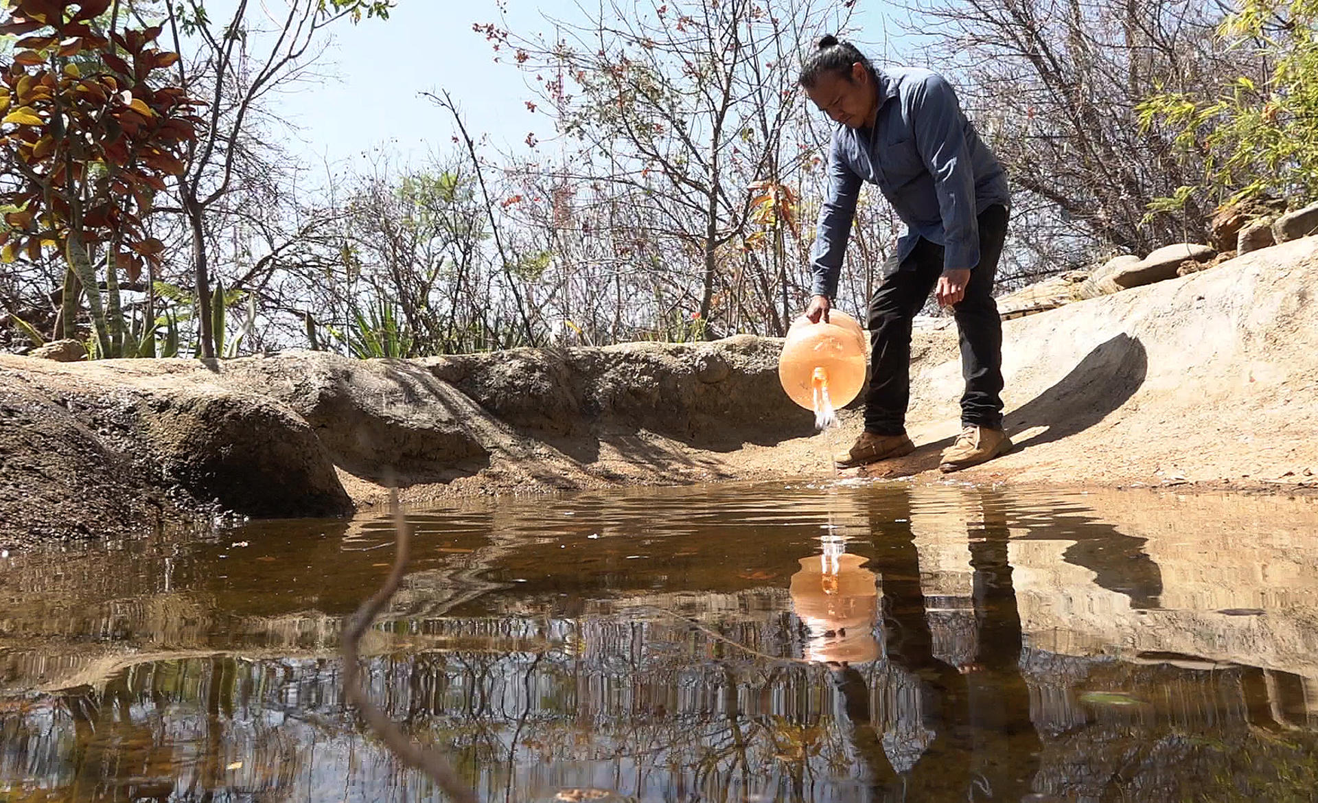 El ambientalista Carlos Alberto Morales vierte agua en un oasis el 21 de marzo de 2023, en el estado de Oaxaca (México). EFE/Jesús Méndez
