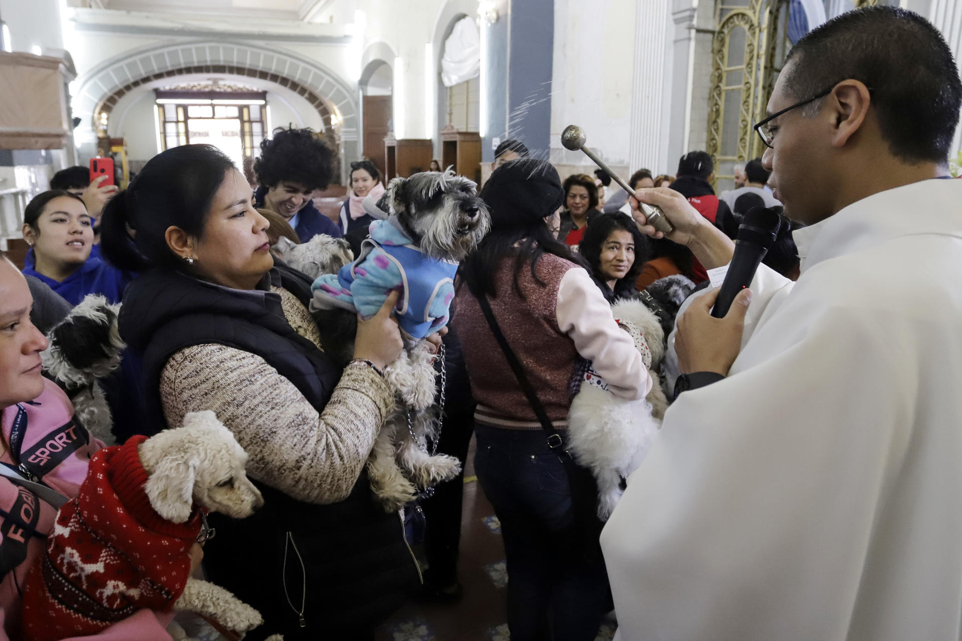 Feligreses mexicanos llevan hoy a sus mascotas a la iglesia de San Antonio Abad para recibir la bendición del santo, patrono de los animales, en el estado de Puebla (México). EFE/ Hilda Ríos
