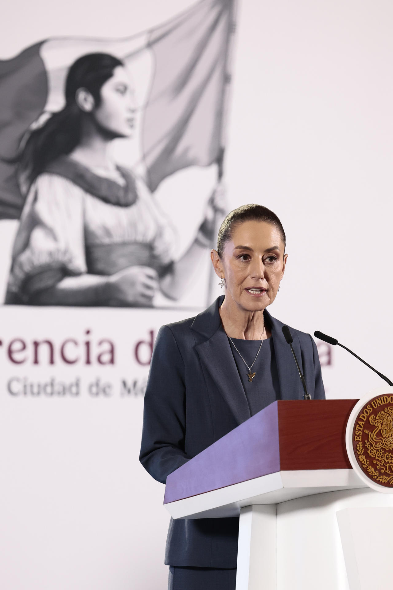 La presidenta de México, Claudia Sheinbaum, participa durante su conferencia de prensa matutina este martes en Palacio Nacional en la Ciudad de México (México). EFE/José Méndez
