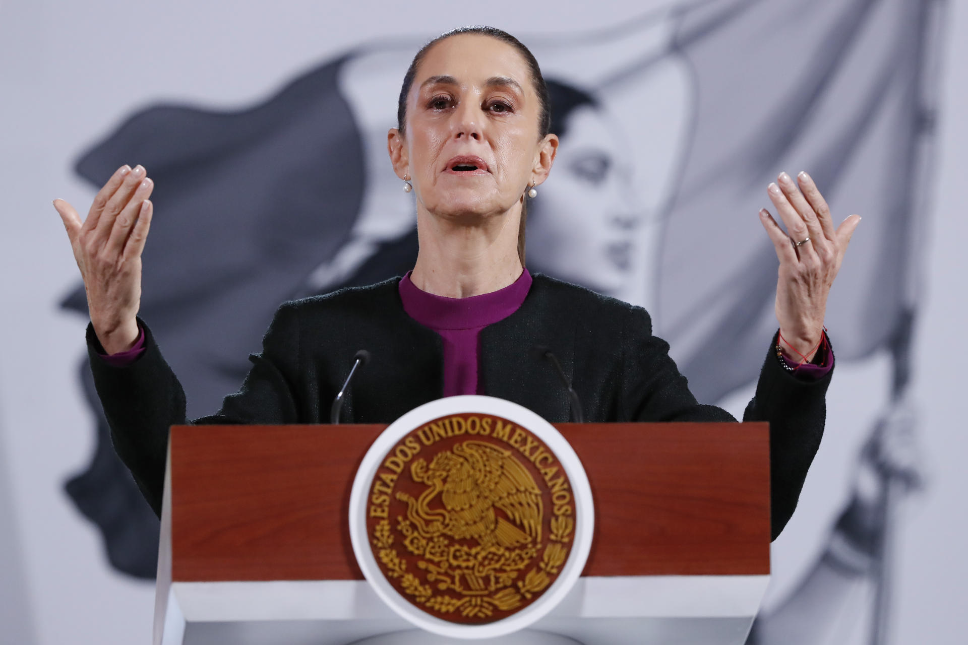 La presidenta de México, Claudia Sheinbaum, habla en una rueda de prensa este miércoles, en el Palacio Nacional de la Ciudad de México (México). EFE/Mario Guzmán
