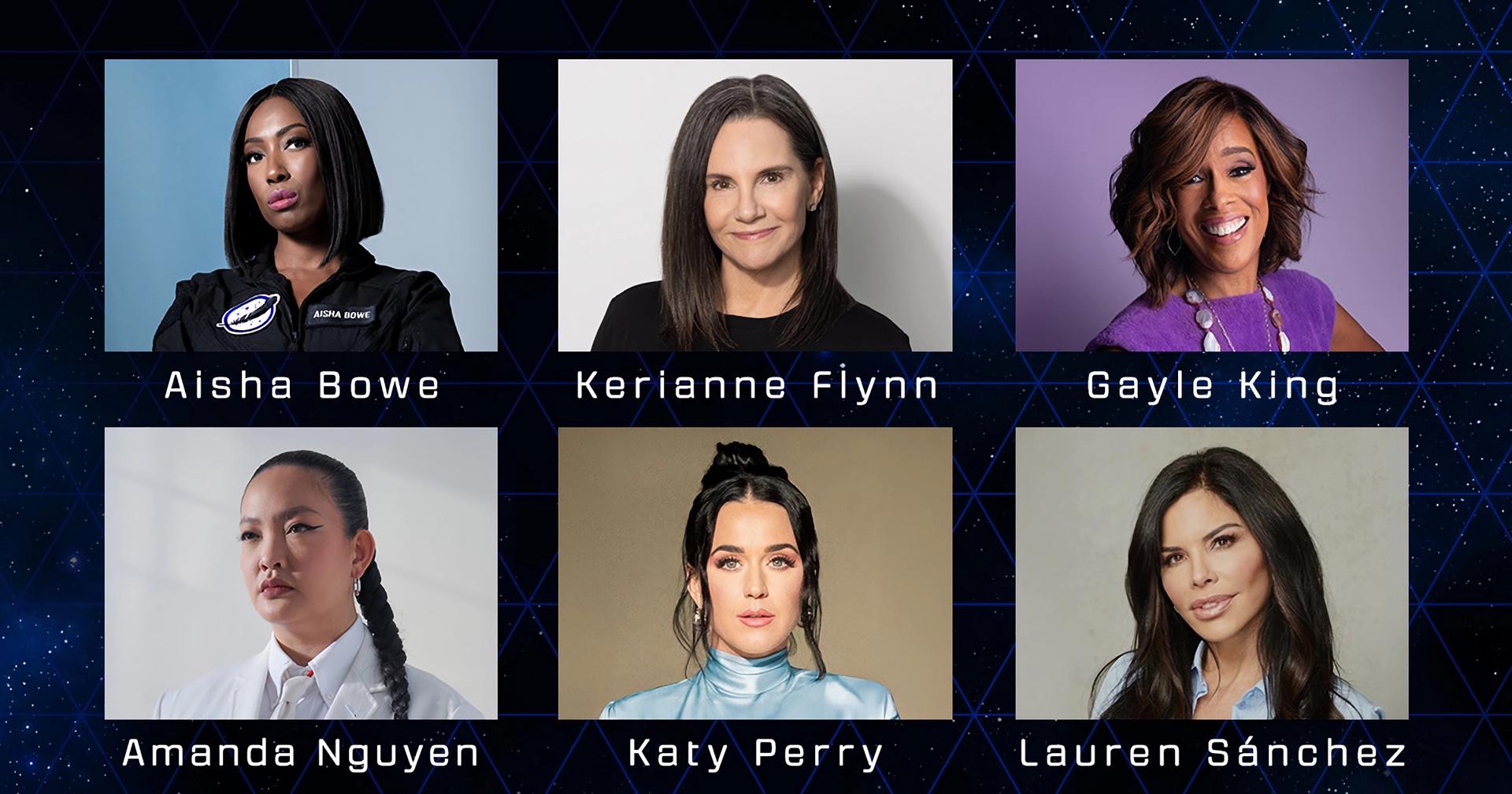 Fotografía cedida por Blue Origin donde aparecen (de arriba hacia abajo) la ingeniera aeroespacial Aisha Bowe, la productora de cine Kerianne Flynn, la periodista y presentadora de CBS Gayle King, la emprendedora social y activista Amanda Nguyen, la cantante Katy Perry, y la esposa de Jeff Bezos, la periodista y escritora Lauren Sánchez, que serán parte de la primera tripulación completamente femenina de la nueva misión del New Shepard que despegará en la primavera, según anunció este jueves la compañía. EFE/Blue Origin /SOLO USO EDITORIAL /NO VENTAS /SOLO DISPONIBLE PARA ILUSTRAR LA NOTICIA QUE ACOMPAÑA /CRÉDITO OBLIGATORIO

